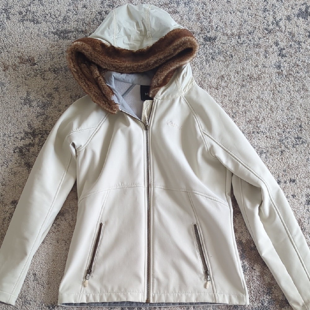 Marmot Cream Hooded Softshell Jacket with Brown Faux-Fur Trim